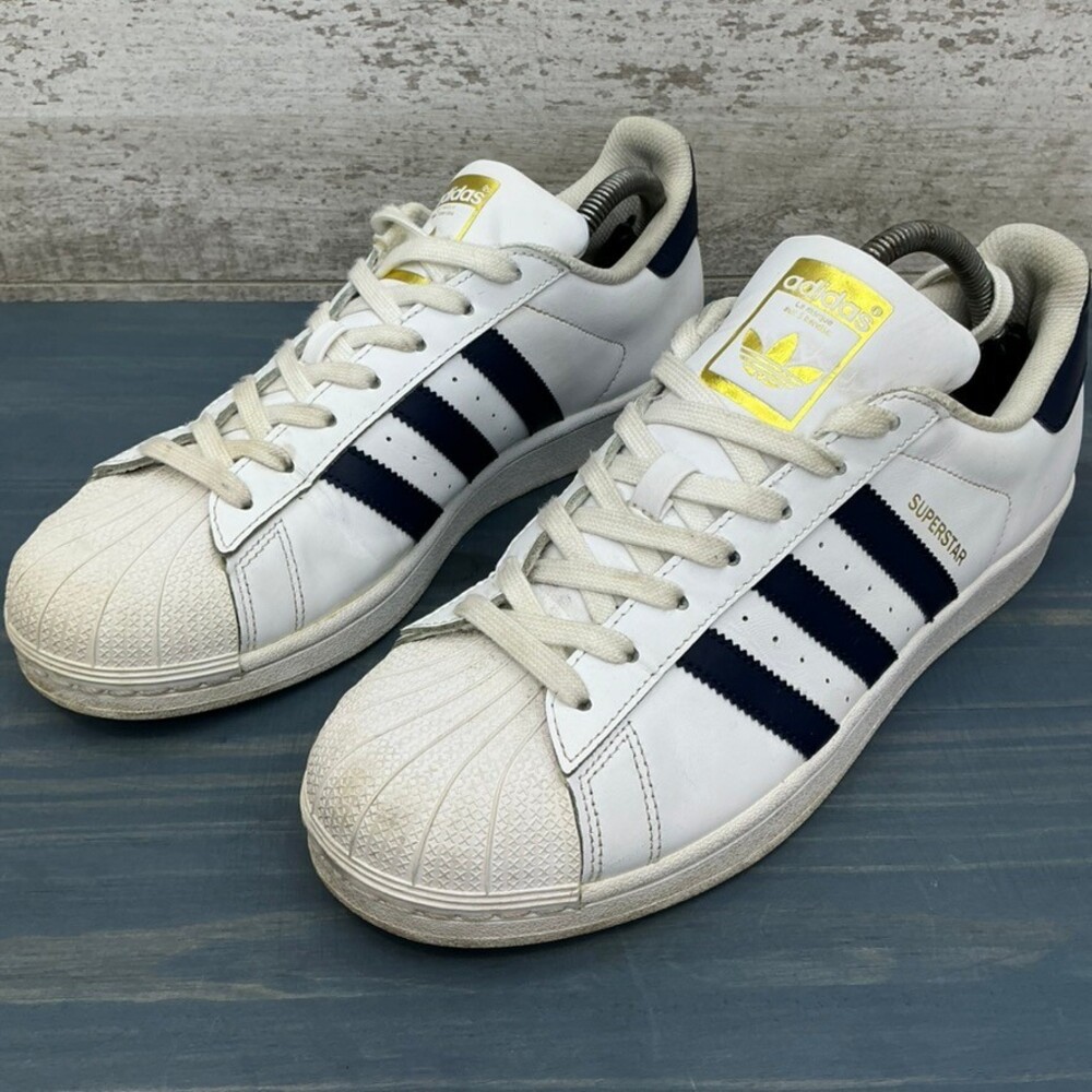 Adidas Superstar Sneakers Women's US 10 White Leather Navy Blue Stripes Shell To